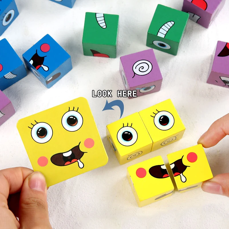 Expression Puzzle Building Blocks Kids Face Change Montessori Cube Table Game Toy Early Educational Toys for Children