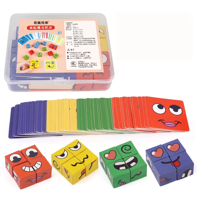 Expression Puzzle Building Blocks Kids Face Change Montessori Cube Table Game Toy Early Educational Toys for Children