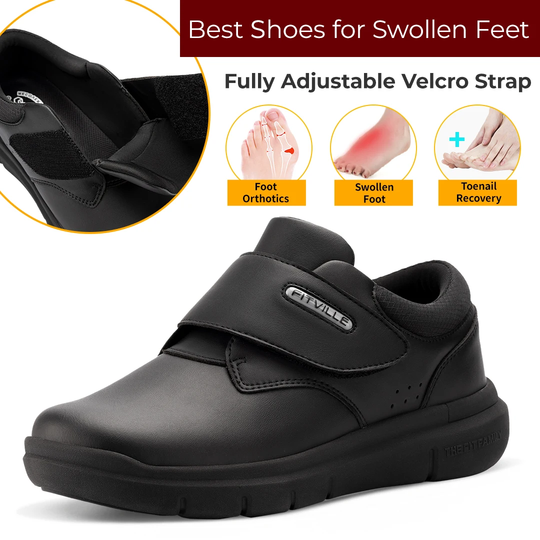 Extra Wide Men's Shoes Leather Diabetic Shoes Walking for Elder Orthopedic Toes Swollen Feet Non-Slip Arch Support