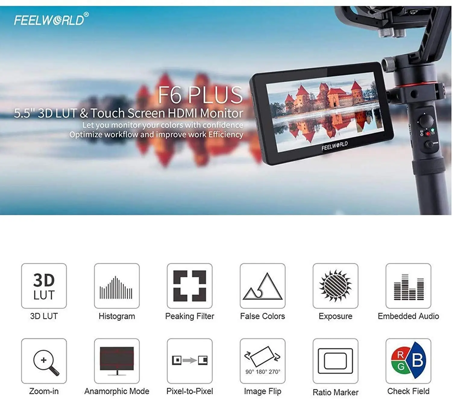 F6 Plus V2 6′ On-camera DSLR Field Monitor Touch Screen Monitor with HDR 3D Lut IPS FHD 1920×1080 Video Focus Assis