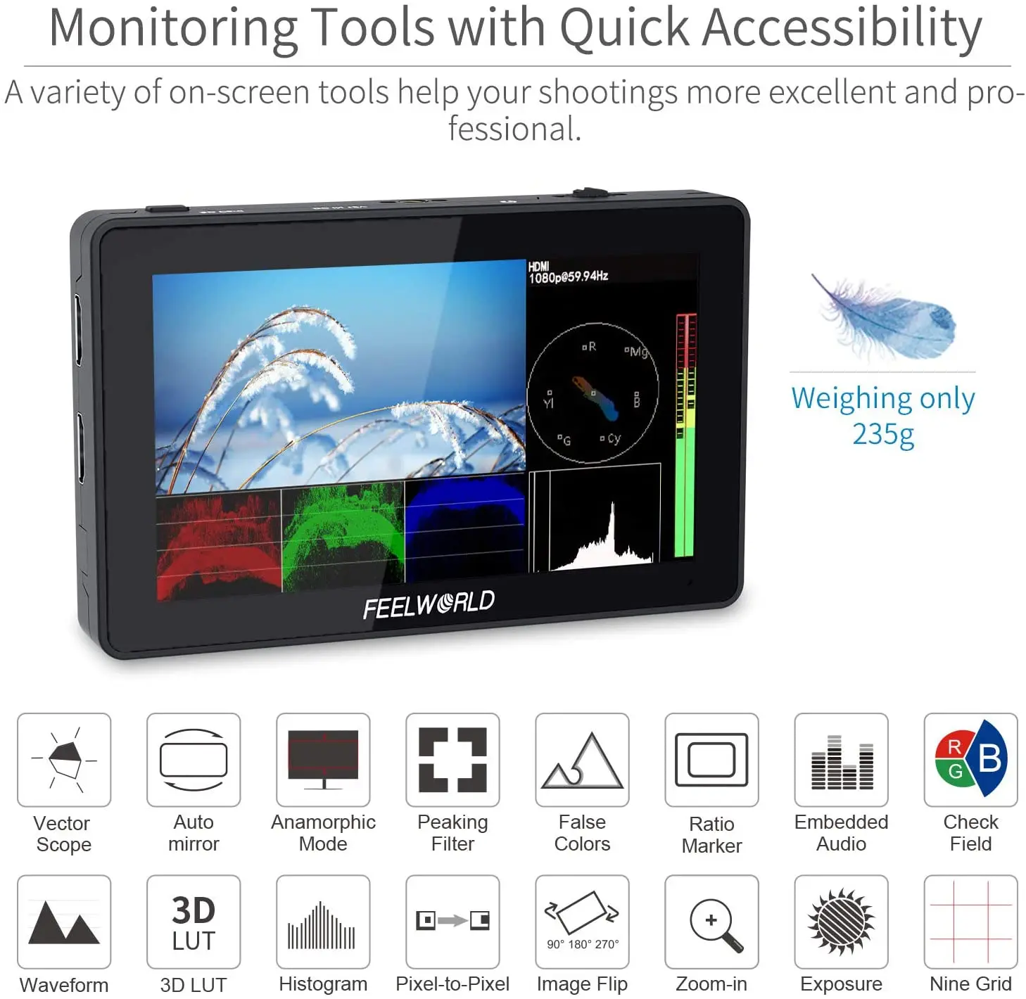 F6 Plus V2 6′ On-camera DSLR Field Monitor Touch Screen Monitor with HDR 3D Lut IPS FHD 1920×1080 Video Focus Assis