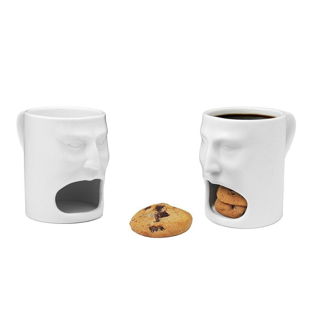 Face Shaped White Ceramic Cup with Biscuit Holder