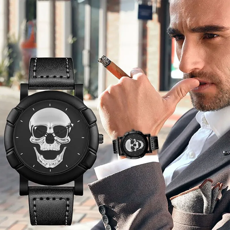 Fashion 3D Skull Watch Luxury Casual Quartz Wristwatch Sports Leather Watch