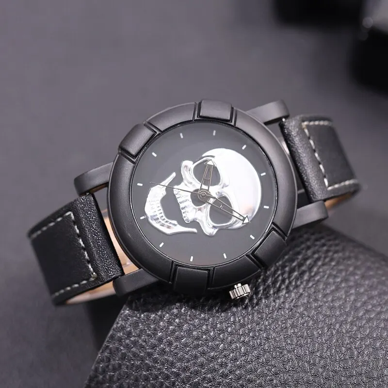 Fashion 3D Skull Watch Luxury Casual Quartz Wristwatch Sports Leather Watch