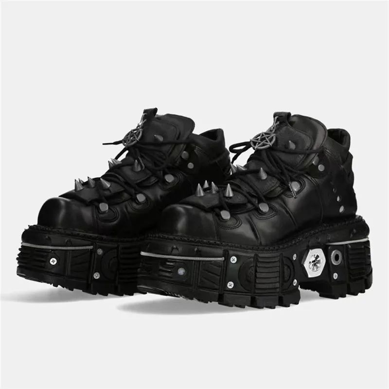 Fashion Brand Design Quality Women's Punk Gothic Shoes Comfortable High Heel Metal Decoration Rivet Handsome Motorcycle