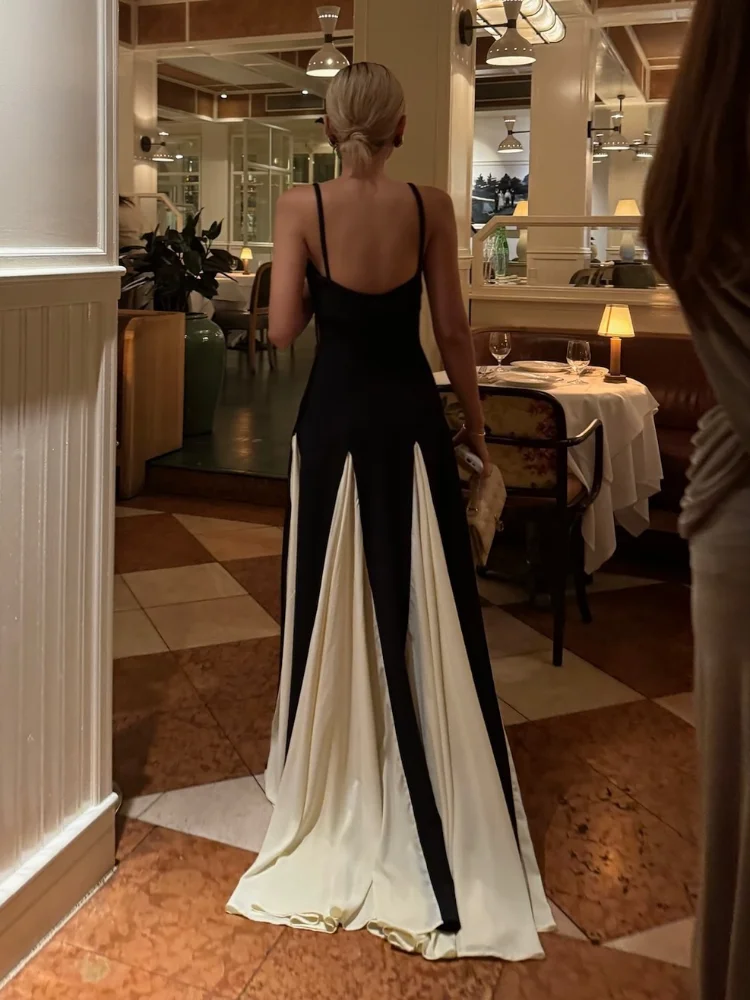Fashion Contrast Patchwork Pleated Sling Dress Elegant Backless Sleeveless Women High Waist Vestdio New Lady Slim Fit Fashion Contrast Patchwork Pleated Sling Dress Elegant Backless Sleeveless Women High Waist Vestdio New Lady Slim Fit