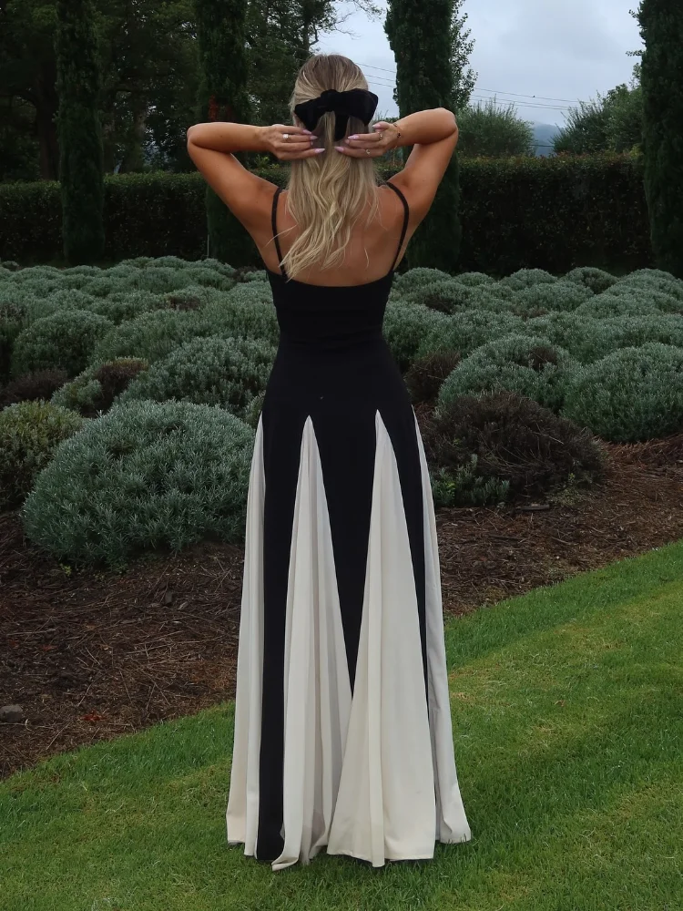 Fashion Contrast Patchwork Pleated Sling Dress Elegant Backless Sleeveless Women High Waist Vestdio New Lady Slim Fit Fashion Contrast Patchwork Pleated Sling Dress Elegant Backless Sleeveless Women High Waist Vestdio New Lady Slim Fit