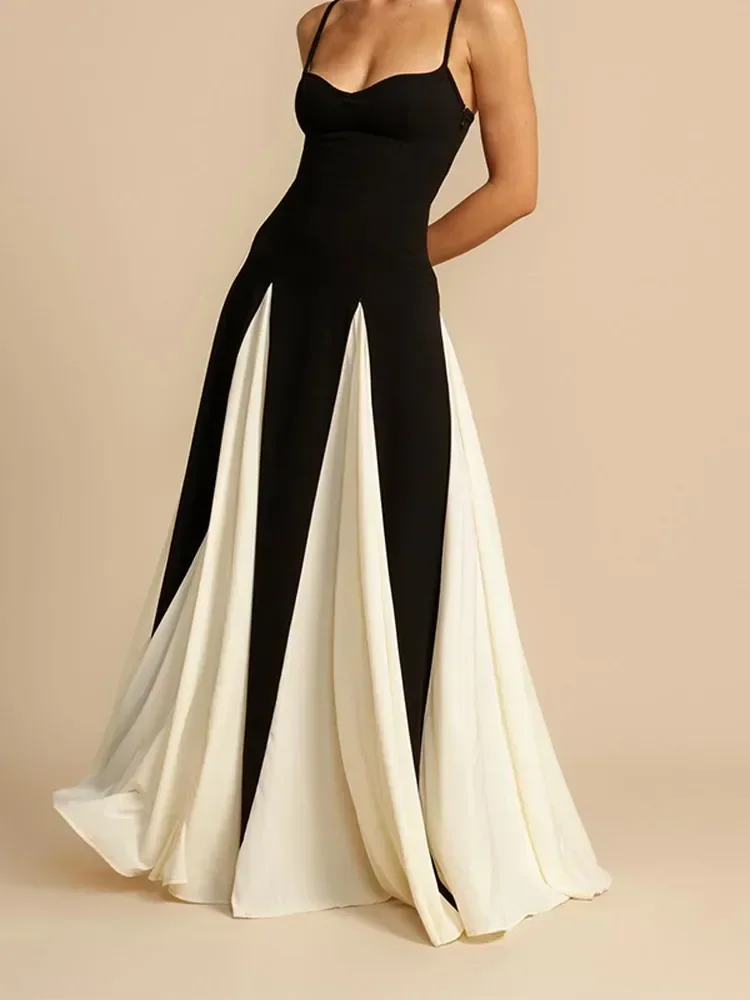 Fashion Contrast Patchwork Pleated Sling Dress Elegant Backless Sleeveless Women High Waist Vestdio New Lady Slim Fit Fashion Contrast Patchwork Pleated Sling Dress Elegant Backless Sleeveless Women High Waist Vestdio New Lady Slim Fit