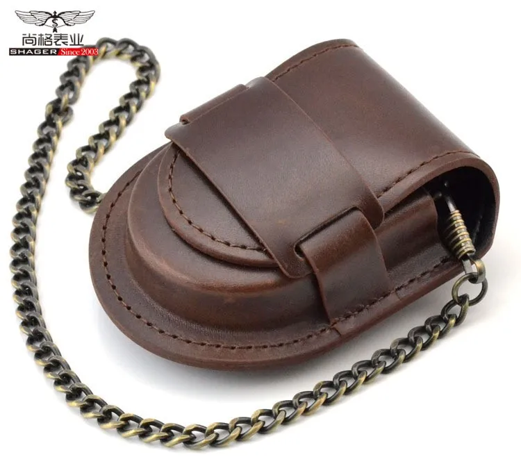Fashion Male Back Brown Cover Vintage Classic Pocket Watch Box Holder Storage Case Coin Purse Pouch Bag With Chain