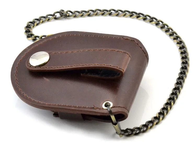 Fashion Male Back Brown Cover Vintage Classic Pocket Watch Box Holder Storage Case Coin Purse Pouch Bag With Chain