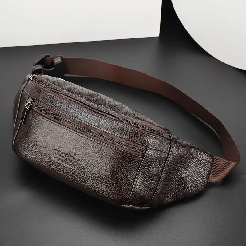 Fashion Men's Genuine Leather Waist Packs Casual Business High Capacity Shoulder Bag with Adjustable Straps for Men