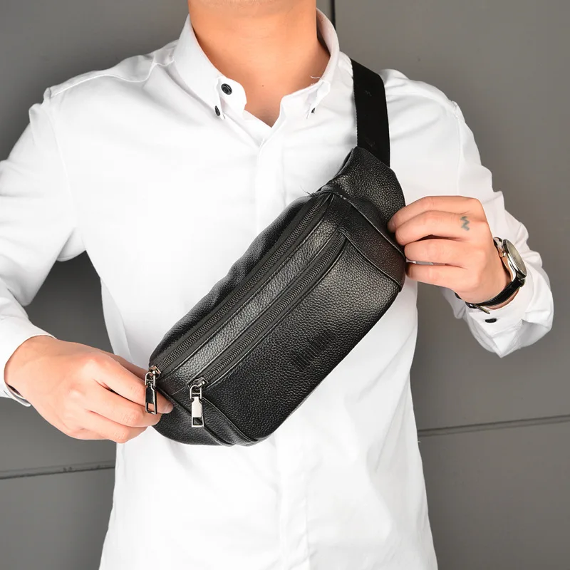 Fashion Men's Genuine Leather Waist Packs Casual Business High Capacity Shoulder Bag with Adjustable Straps for Men