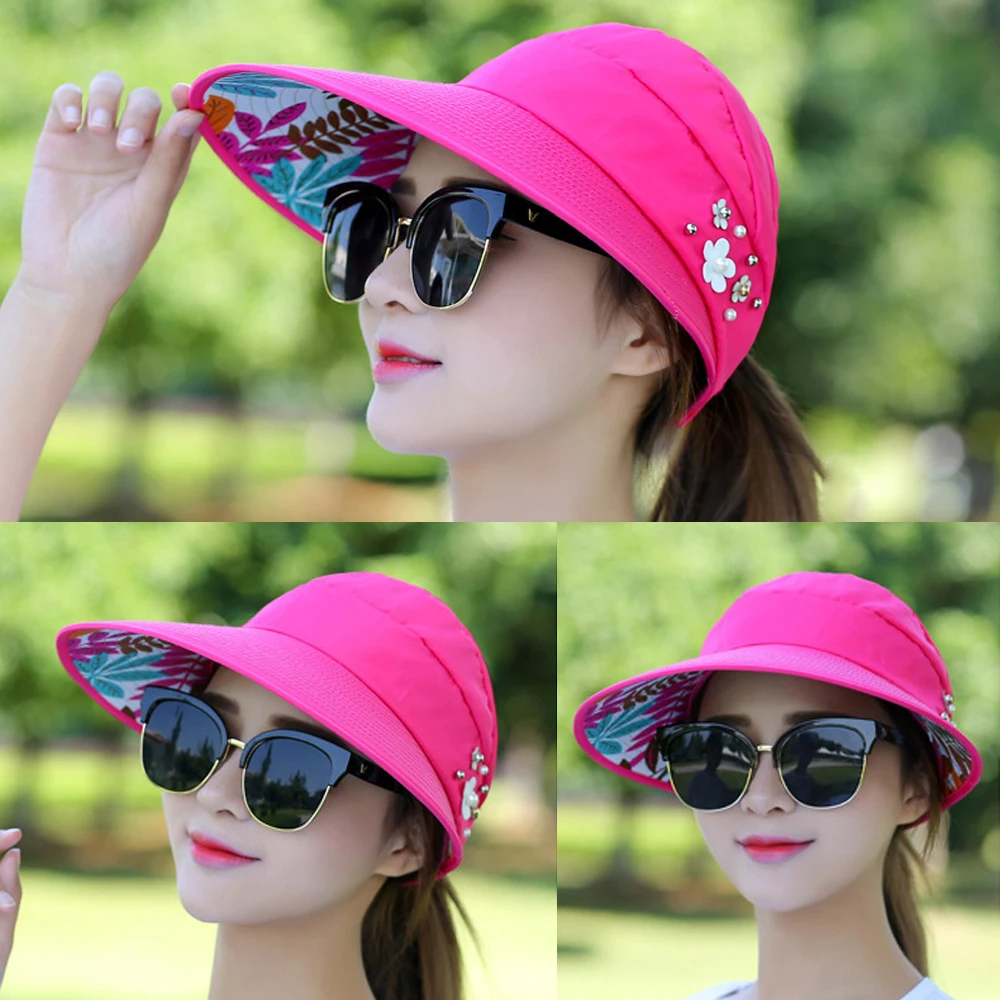 Fashion Womens Ladies Summer Vacation Wide Brim Foldable Sun Hat Anti-UV Beach Visor Caps Casual Hats