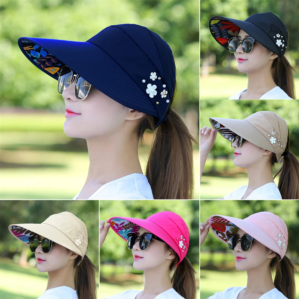 Fashion Womens Ladies Summer Vacation Wide Brim Foldable Sun Hat Anti-UV Beach Visor Caps Casual Hats