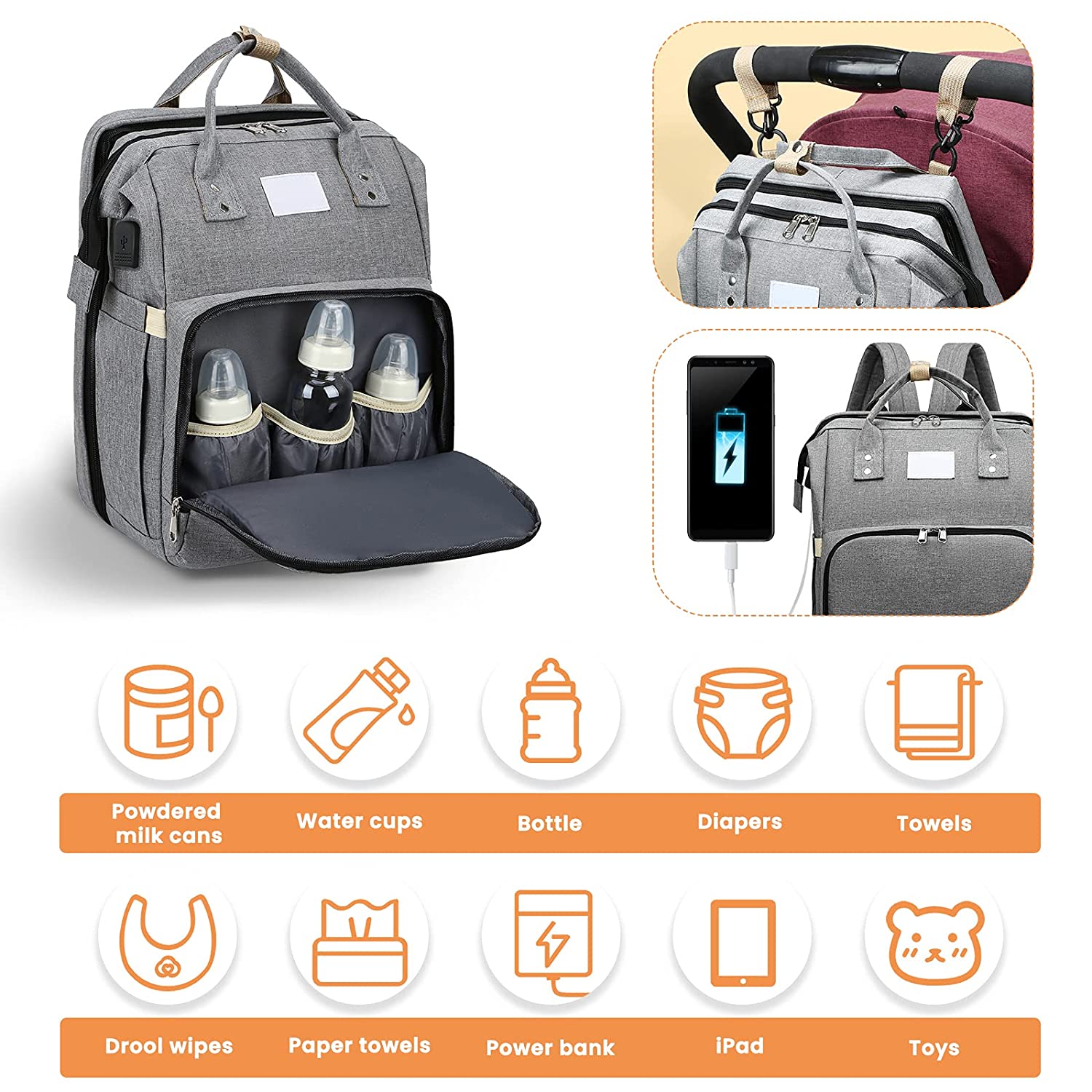 Fashionable Mommy Bag Folding Baby Bed Mother Large Capacity Portable Milk Bottle Diaper Double Shoulder Mom's Bag