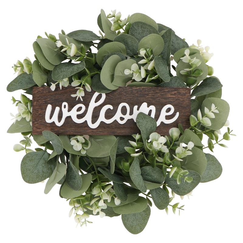 Faux Leaf Wood Round Welcome Sign