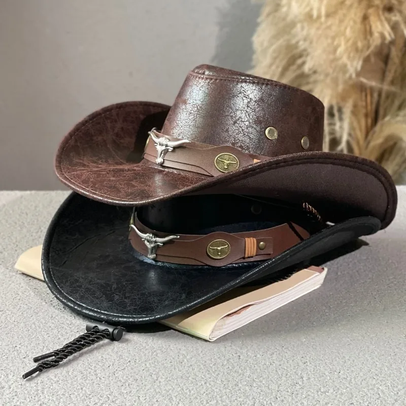 Faux Leather Western Cowboy Hats For Women Men Vintage Gentleman Dress Hats Panama Cowgirl Jazz Cap Sombrero Hombre Faux Leather Western Cowboy Hats For Women Men Vintage Gentleman Dress Hats Panama Cowgirl Jazz Cap Sombrero Hombre