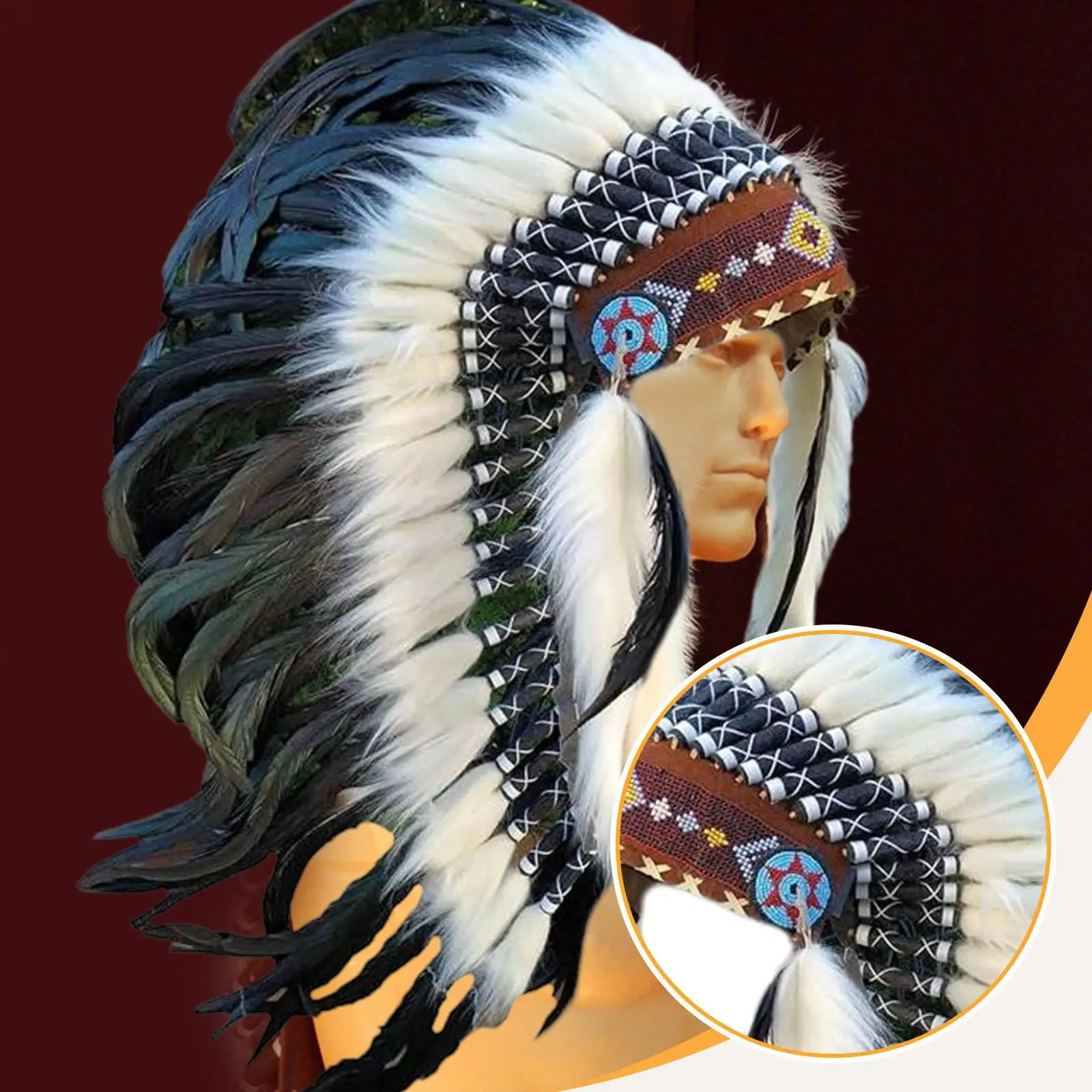 Feather Headdress Decoration Adults Carnival Native American Chief Headwear Indian Headdress for Carnival Performance