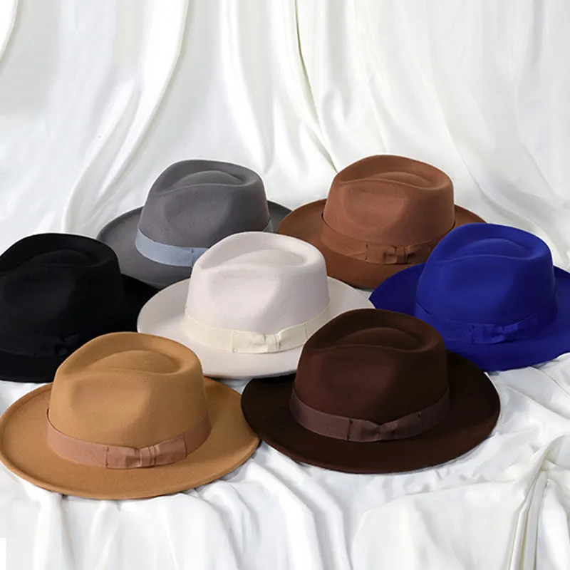 Fedora Hat Jazz Hat with Bow Tie Elegant Spring Black Woolen Blend Cap Outdoor Casual Felt Hat