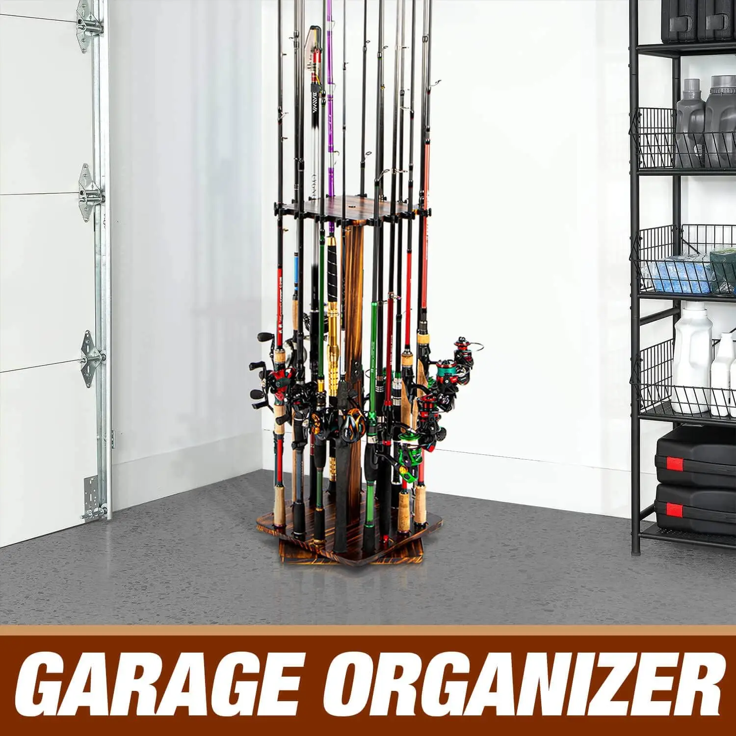 Fishing Rod Holders for Garage 360 Degree Rotating Fishing Pole Rack, Floor Stand Holds up to 16 Rods