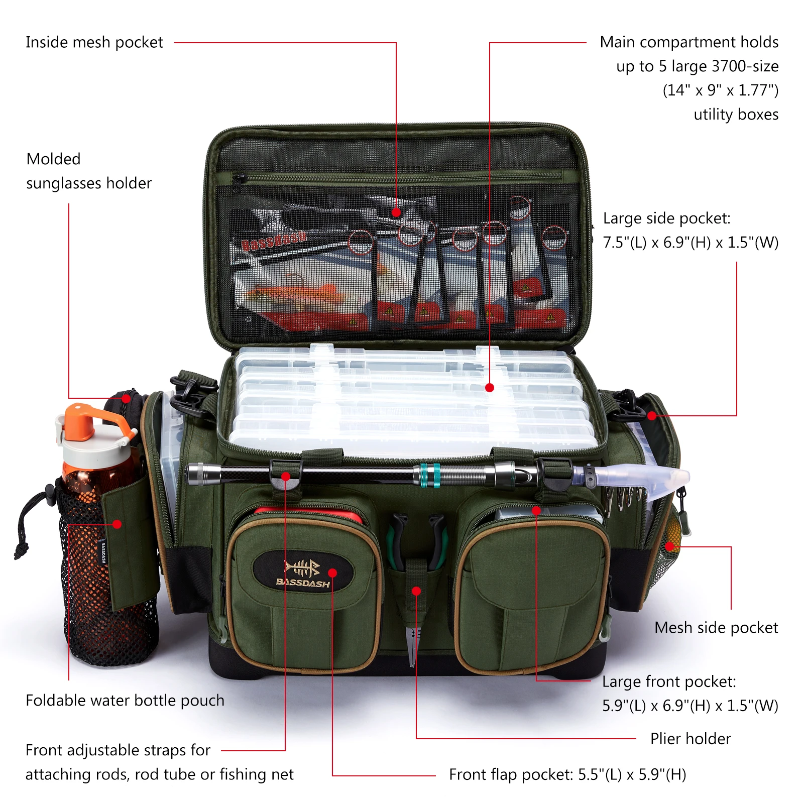 Fishing Tackle Shoulder Bag Water Resistant Lightweight Gear Storage Pack with Hard Molded Bottom Rain Cover