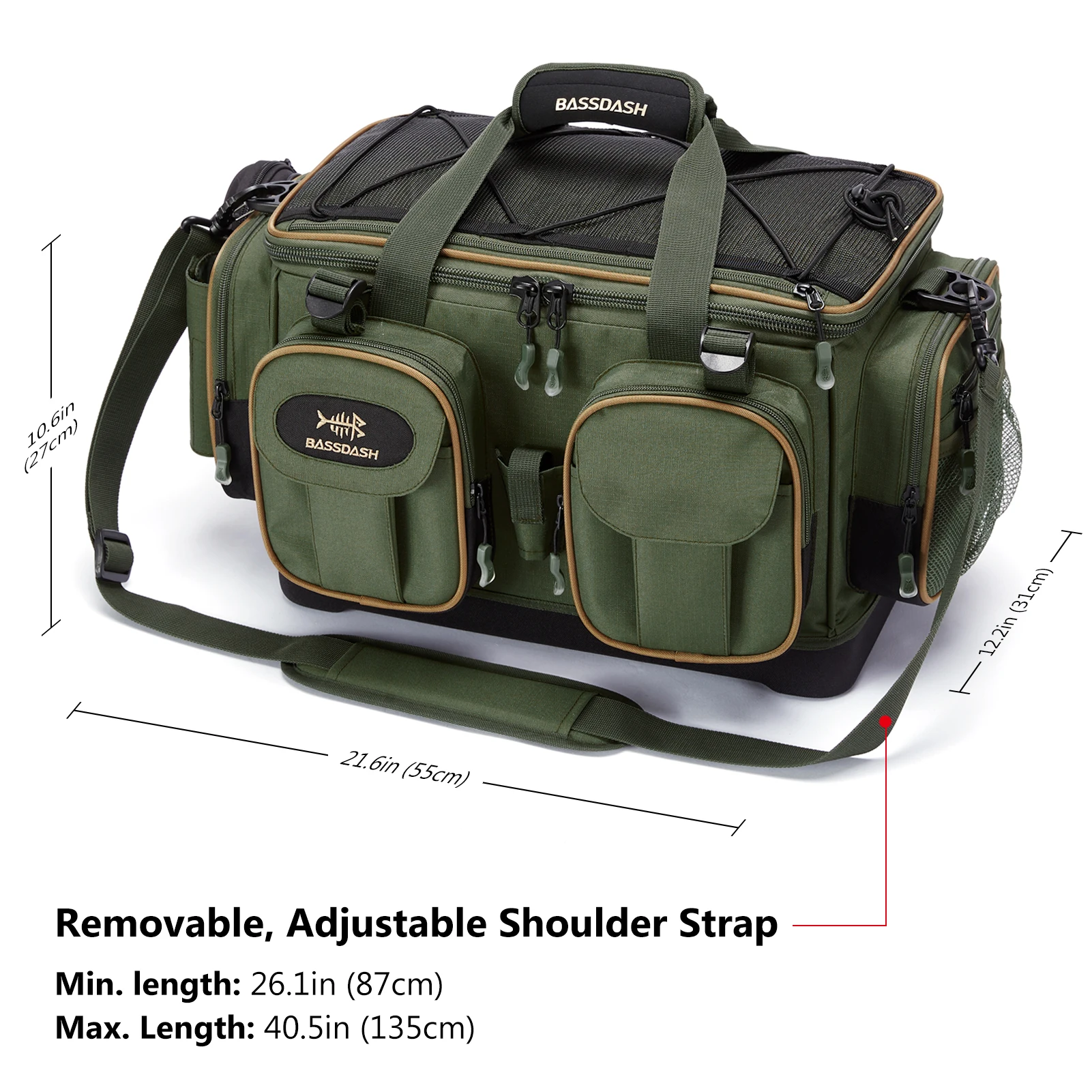 Fishing Tackle Shoulder Bag Water Resistant Lightweight Gear Storage Pack with Hard Molded Bottom Rain Cover