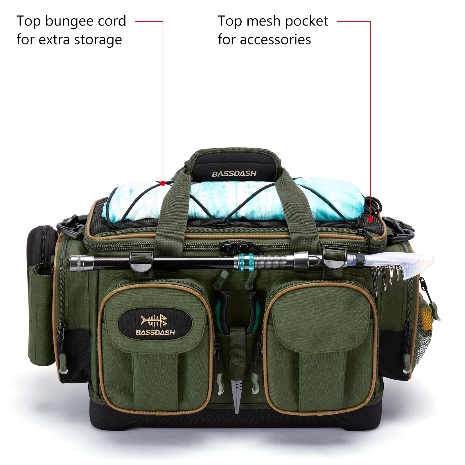 Fishing Tackle Shoulder Bag Water Resistant Lightweight Gear Storage Pack with Hard Molded Bottom Rain Cover