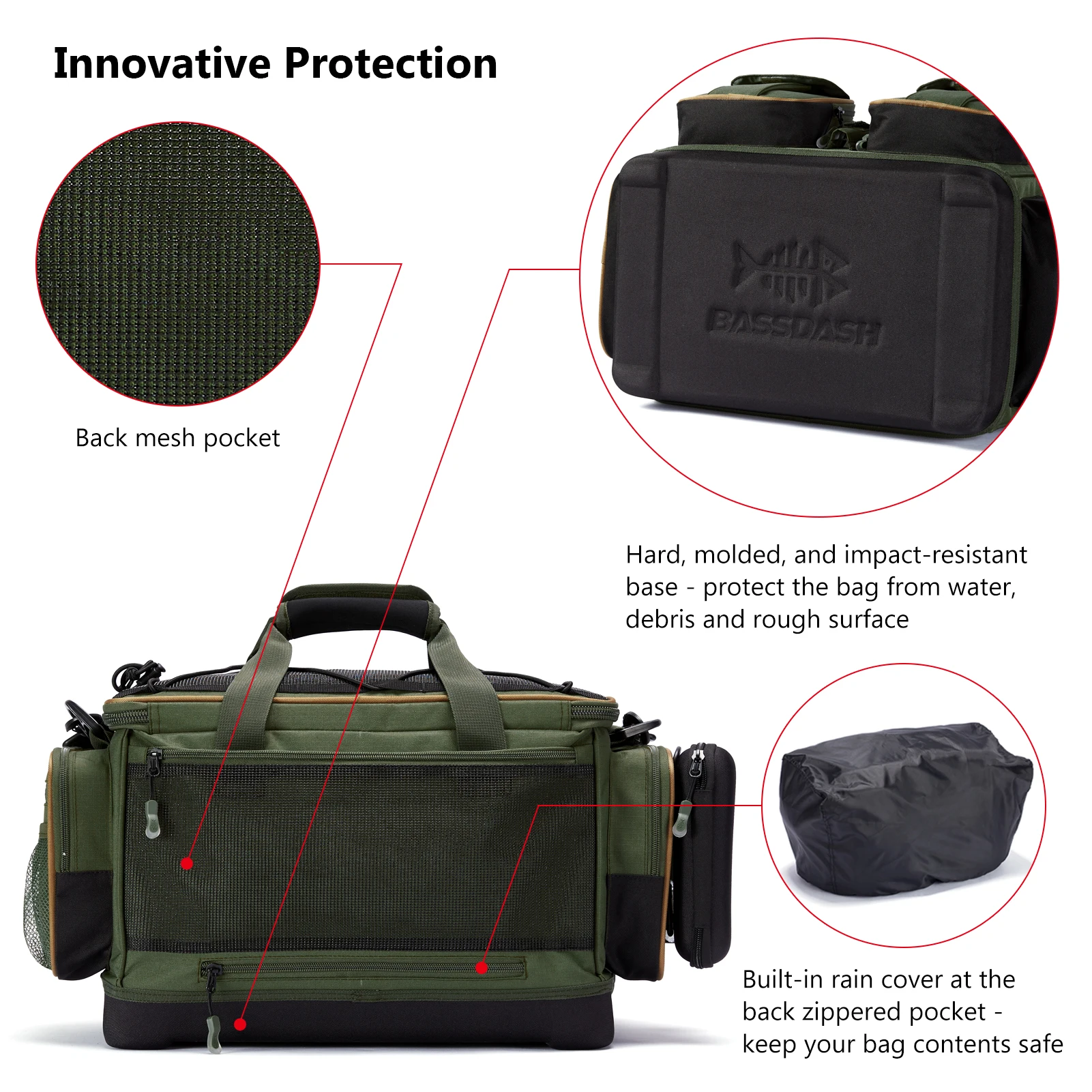 Fishing Tackle Shoulder Bag Water Resistant Lightweight Gear Storage Pack with Hard Molded Bottom Rain Cover