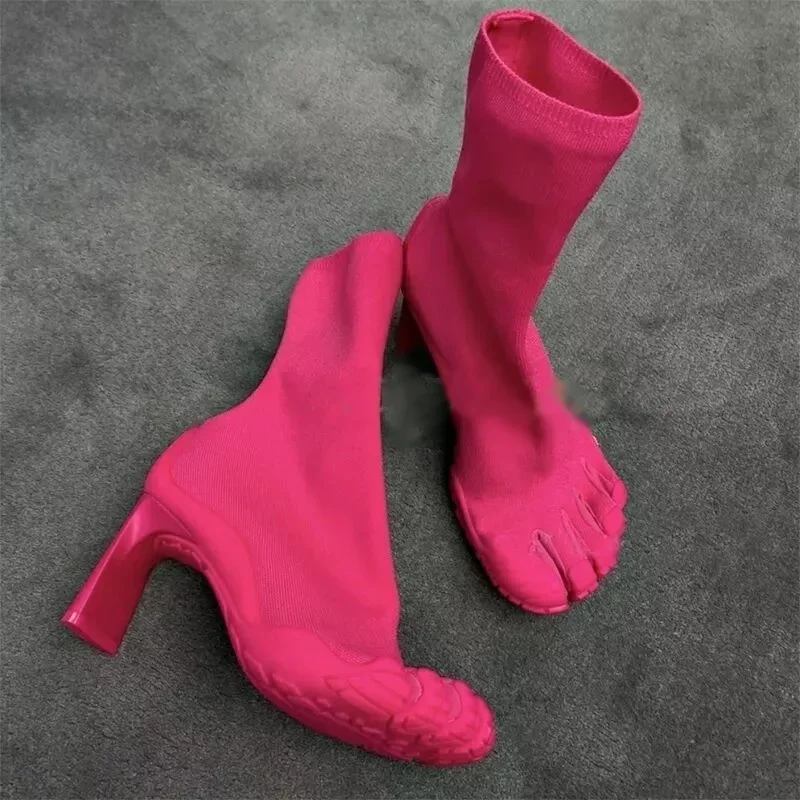 Five Finger Toe Fashion Novel Women Boots Black/pink/white High Heel Ankle Boots Elastic Mesh Cloth Luxury Socks Boots