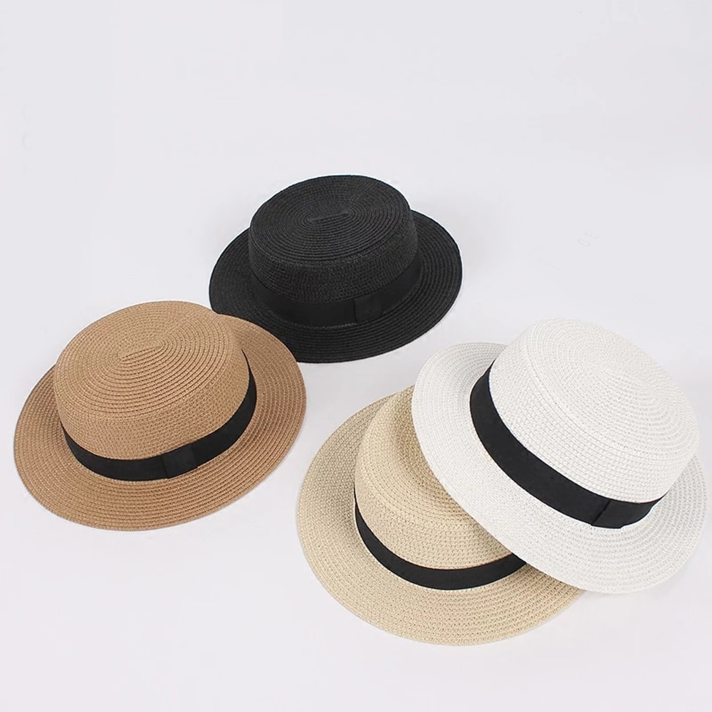 Flat Top Straw Hat with Ribbon Flat Top Straw Hat with Ribbon