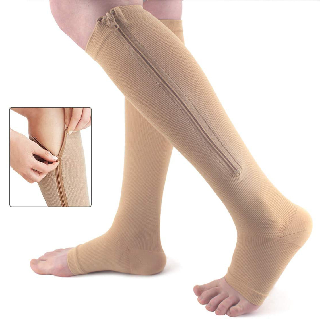 Flesh Color Sports Compression Zipper Socks Vein Stretch Socks