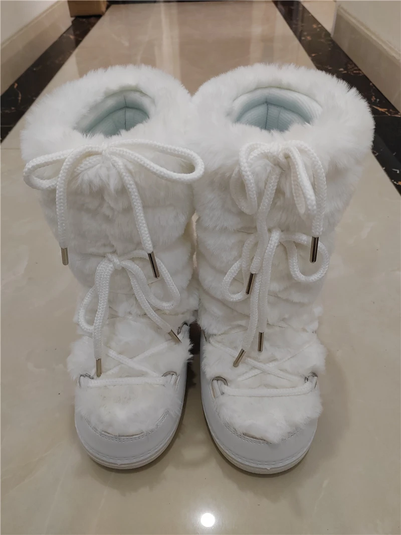Fluffy Fur Boots Winter Fashion Sexy Faux Fox Fur Snow Boots Ladies Furry Warm Cotton Boots Female Outdoor Ski Boots