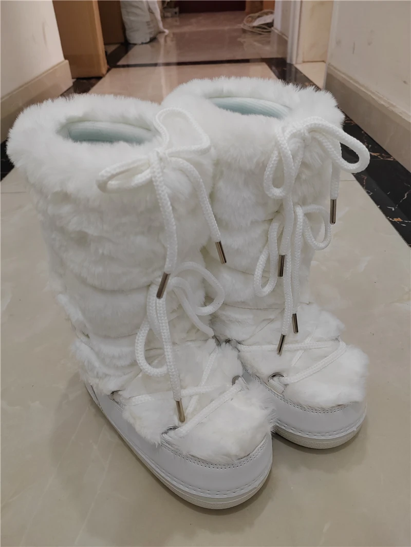 Fluffy Fur Boots Winter Fashion Sexy Faux Fox Fur Snow Boots Ladies Furry Warm Cotton Boots Female Outdoor Ski Boots