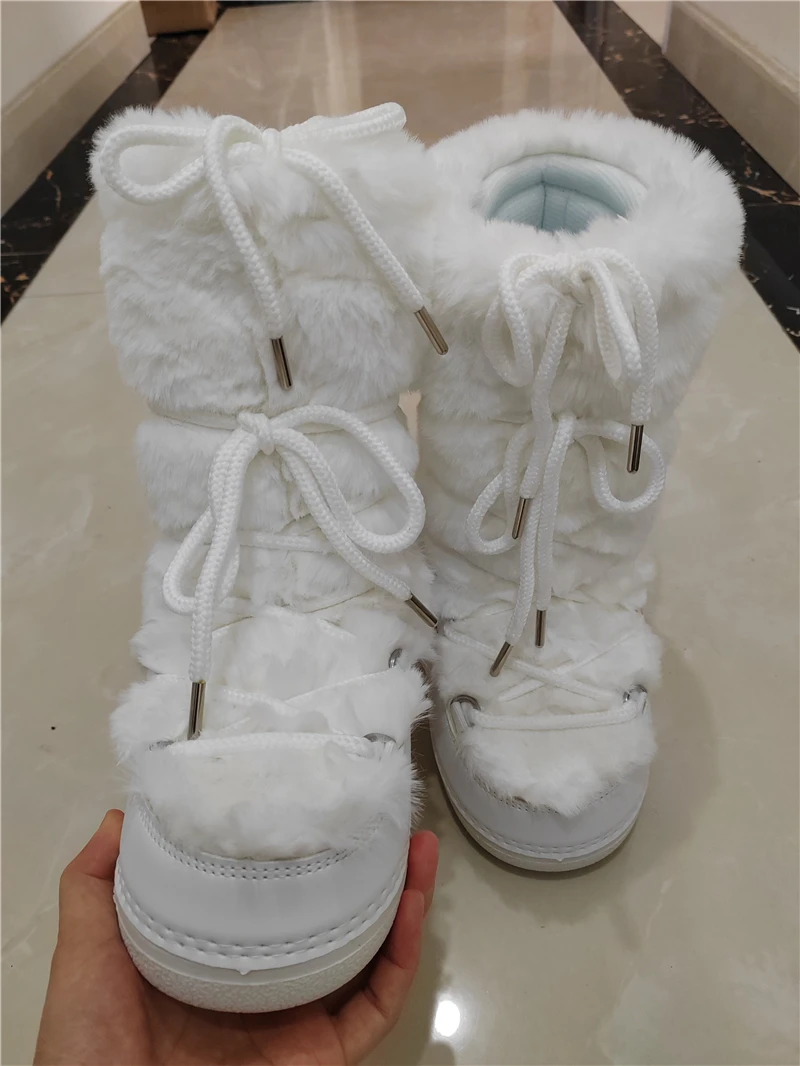 Fluffy Fur Boots Winter Fashion Sexy Faux Fox Fur Snow Boots Ladies Furry Warm Cotton Boots Female Outdoor Ski Boots