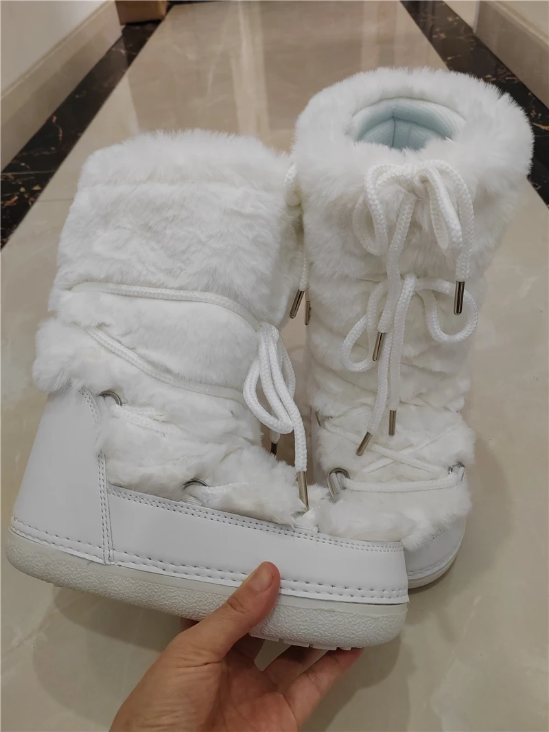 Fluffy Fur Boots Winter Fashion Sexy Faux Fox Fur Snow Boots Ladies Furry Warm Cotton Boots Female Outdoor Ski Boots
