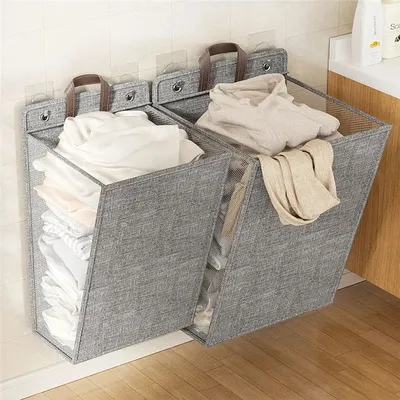 Foldable Adhesive Laundry Basket Hamper Multifunctional Punch Free Wall Hanging Washing Clothes Mesh Hook Organizer