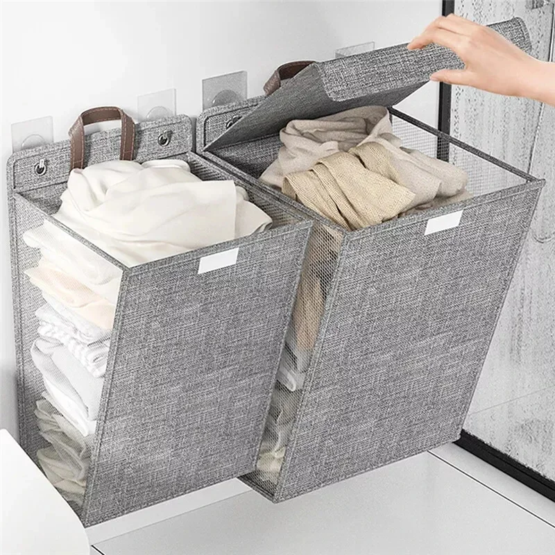 Foldable Adhesive Laundry Basket Hamper Multifunctional Punch Free Wall Hanging Washing Clothes Mesh Hook Organizer