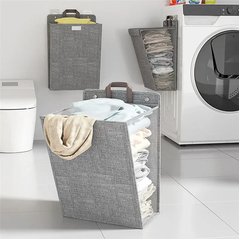 Foldable Adhesive Laundry Basket Hamper Multifunctional Punch Free Wall Hanging Washing Clothes Mesh Hook Organizer