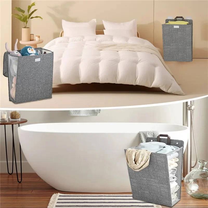 Foldable Adhesive Laundry Basket Hamper Multifunctional Punch Free Wall Hanging Washing Clothes Mesh Hook Organizer