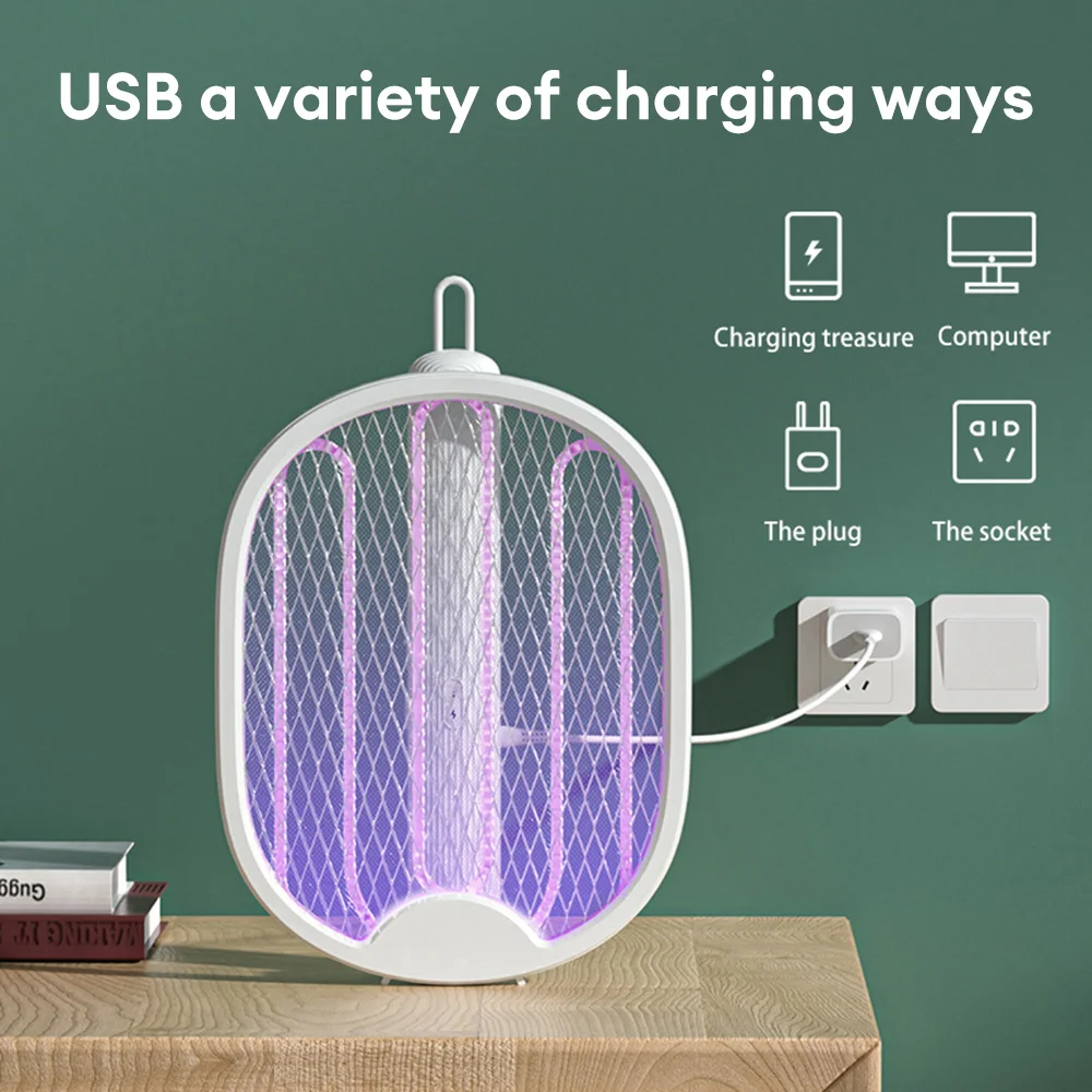 Foldable Electric Mosquito Killer Fly Swatter Trap USB Rechargeable Mosquito Racket Insect Killer with UV Light Bug