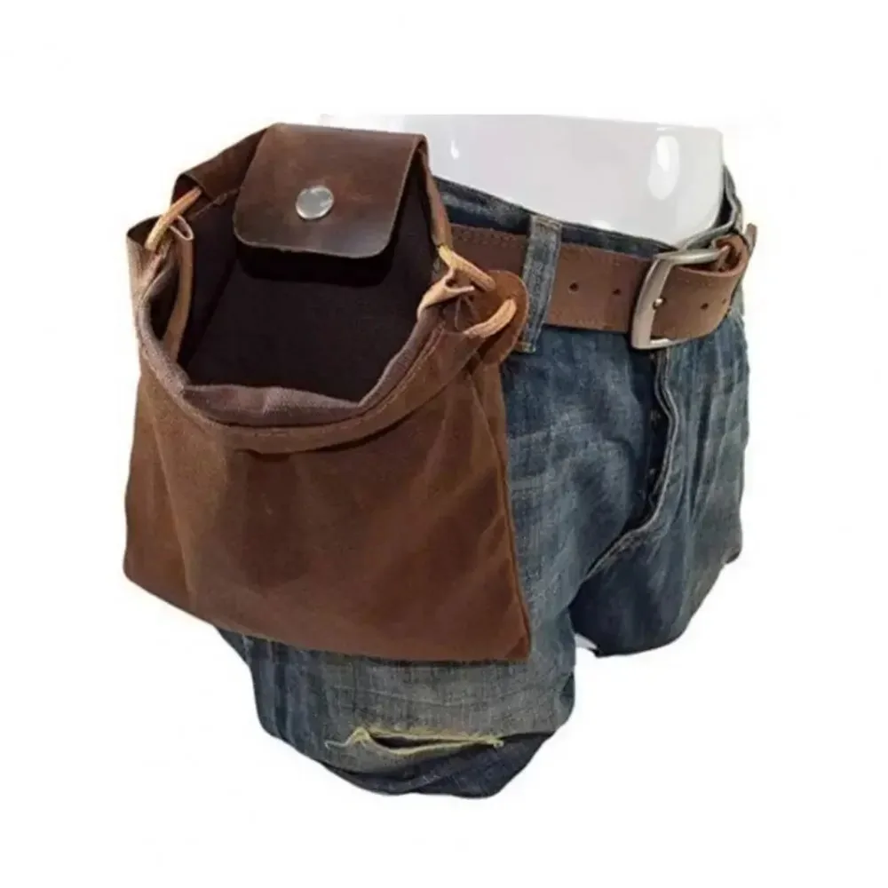 Foldable Leather and Canvas Foraging Pouch, Waist Hanging Bag for Mushroom Berry Picking, Camping Bushcraft Gear