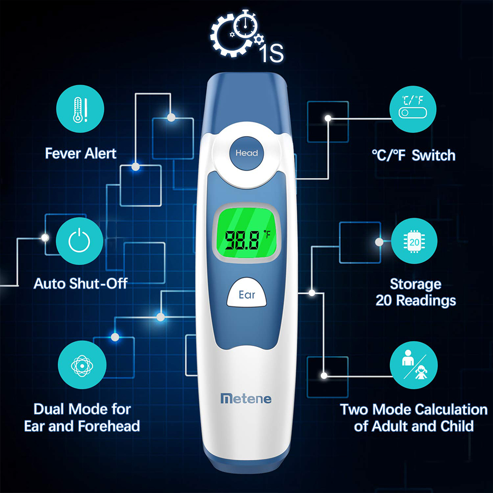 Forehead Thermometer Fast Reading with 2 Colors Backlight Fever Alarm and 20 Memories Recall