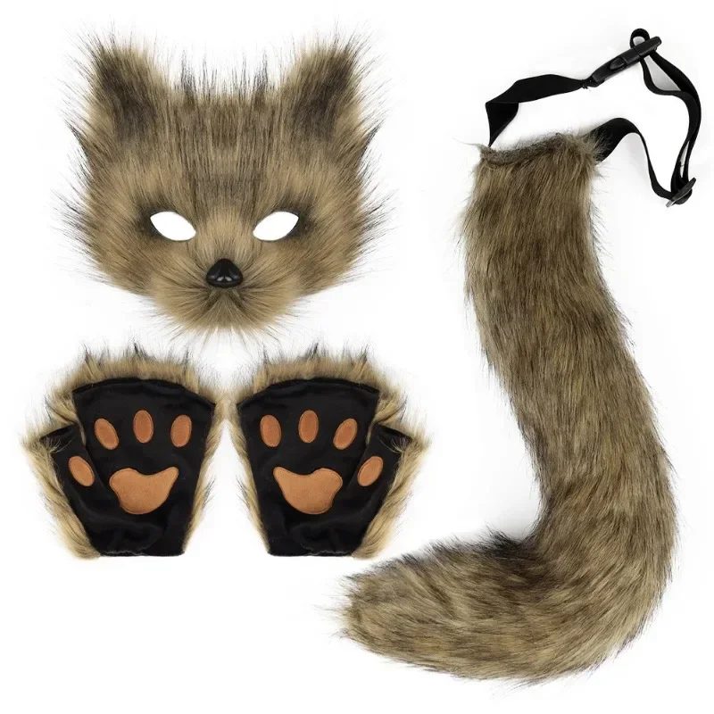 Foxes Mask + Tail + Gloves Set Halloween Cosplays Costume Accessorie Theme Party Dress Up Props Carnival Party Costumes