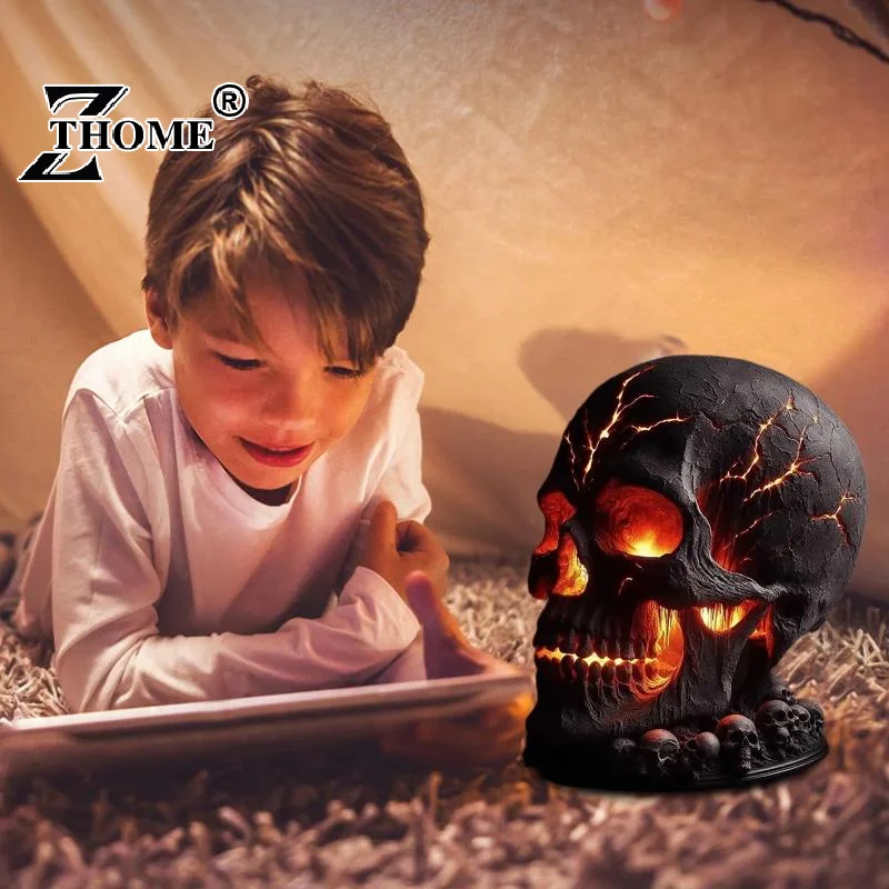 Frightening Magma Stone Skull Desk Lamp with Spooky LED Lighting for Halloween Party; Unique Mantel Decoration to Ignite
