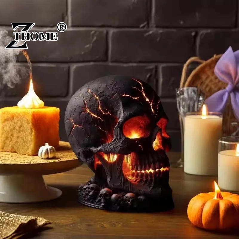 Frightening Magma Stone Skull Desk Lamp with Spooky LED Lighting for Halloween Party; Unique Mantel Decoration to Ignite