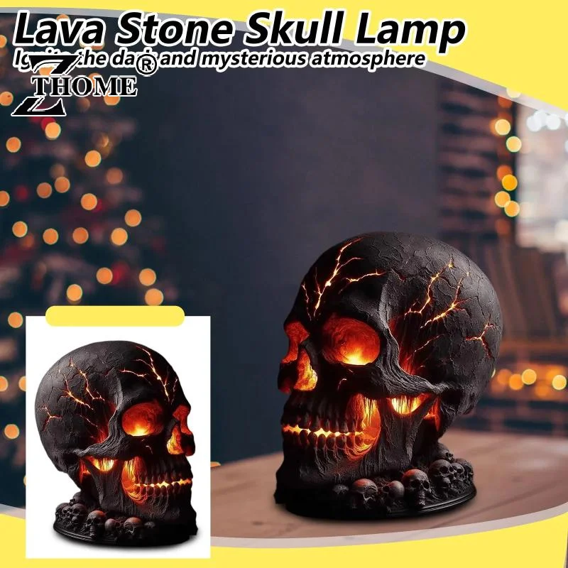Frightening Magma Stone Skull Desk Lamp with Spooky LED Lighting for Halloween Party; Unique Mantel Decoration to Ignite