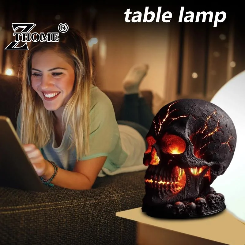 Frightening Magma Stone Skull Desk Lamp with Spooky LED Lighting for Halloween Party; Unique Mantel Decoration to Ignite