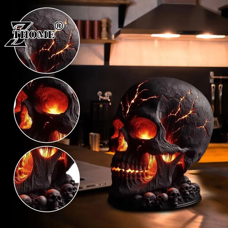 Frightening Magma Stone Skull Desk Lamp with Spooky LED Lighting for Halloween Party; Unique Mantel Decoration to Ignite