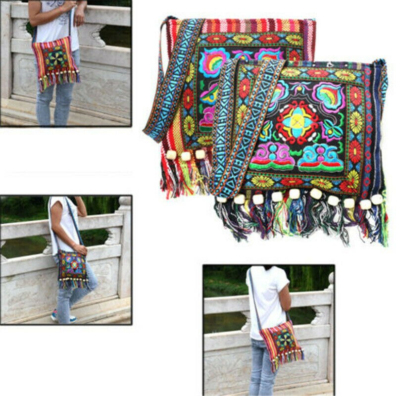 Fringed Linen Boho Messenger Bag