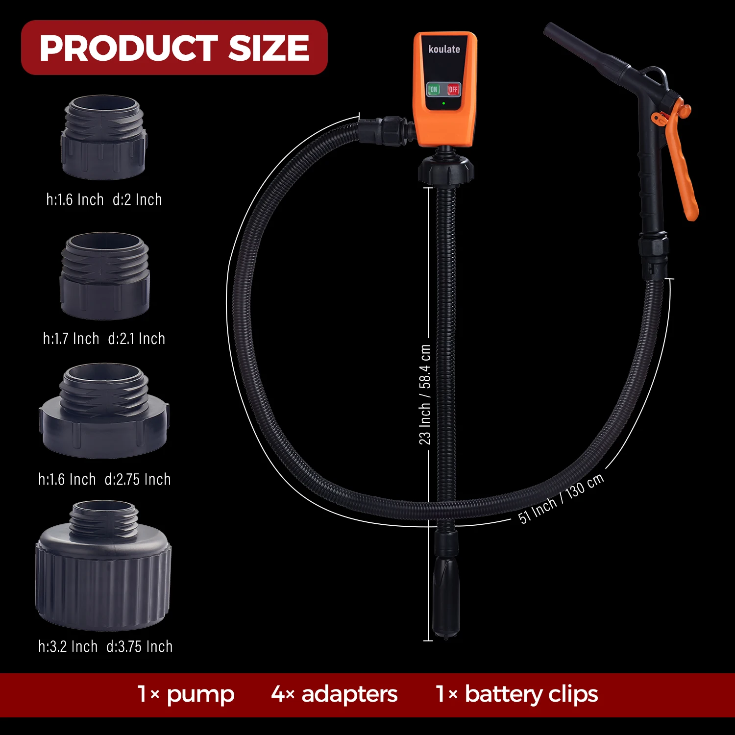 Fuel Transfer Pump with Auto-stop Sensor and 4 Tank Adapter, 3.2GPM 51″ Hose Battery-Powered Portable Liquid Pump for Fuel Transfer Pump with Auto-stop Sensor and 4 Tank Adapter, 3.2GPM 51″ Hose Battery-Powered Portable Liquid Pump for